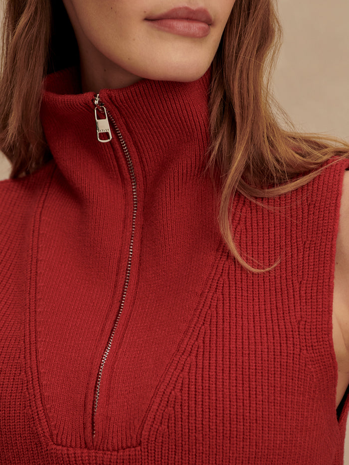 Lava Falls|Front view of the Varley Amina Half Zip Knit Lava Falls, a Lava Falls color knit with a high collar and half-zip.