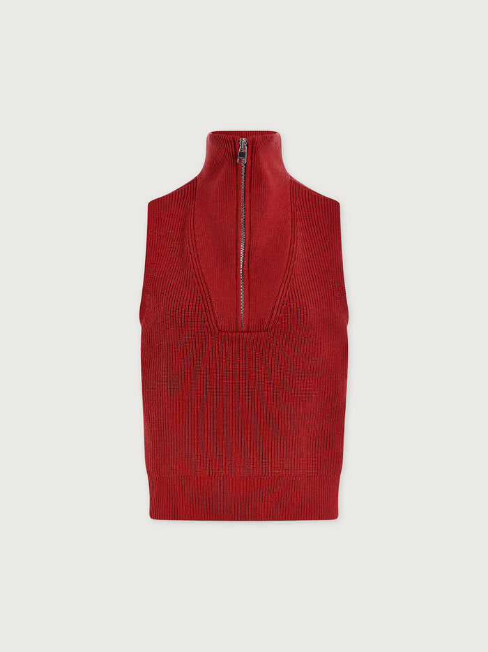 Lava Falls|Front-facing product shot of the Varley Amina half-zip knit in Lava Falls, a warm shade, featuring a high neck and exposed half-zip detail.
