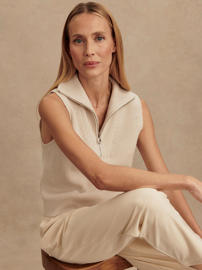 Silver Birch|Front view of the Varley Amina Half Zip Knit in Silver Birch, a knit with half-zip neckline and long sleeves.