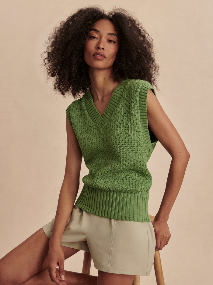 English Ivy|Front view of the Antonella Knit Vest in English Ivy, a textured knit sleeveless top.