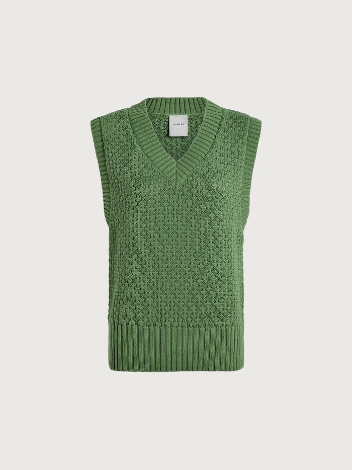 English Ivy|Antonella Knit Vest in English Ivy, a sleeveless knitted vest with a V-neck, front view.
