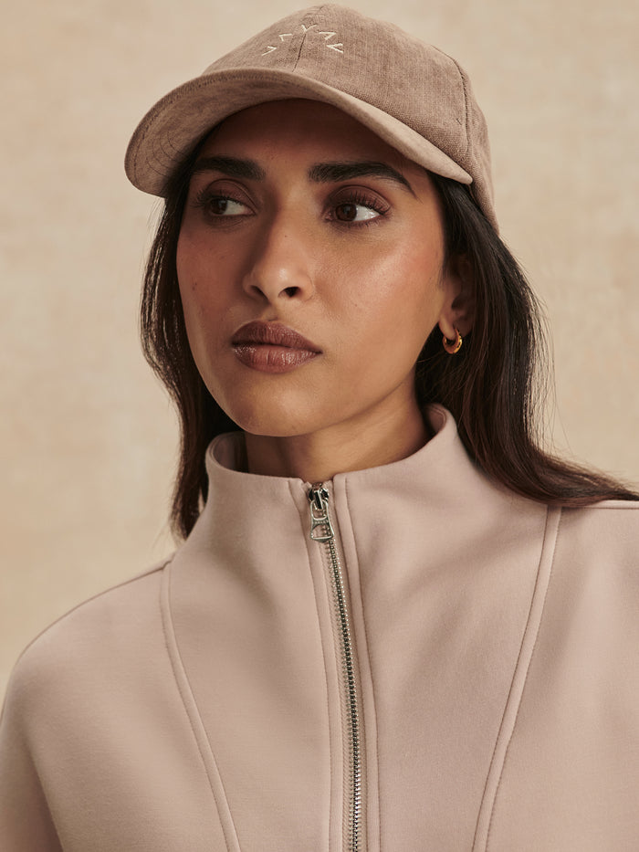 Mushroom|Front view of the Arlene Zip-Through Sweat in Mushroom, a soft zip-up sweatshirt with stand collar.