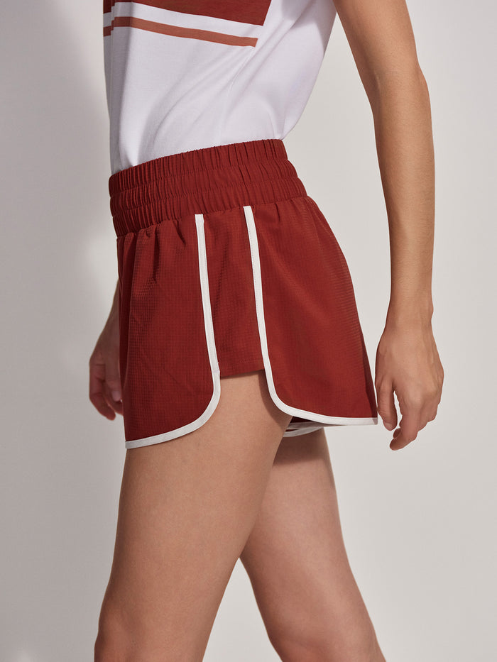 Burnt Henna|Arlington Running Short in Burnt Henna, front view of lightweight athletic shorts.