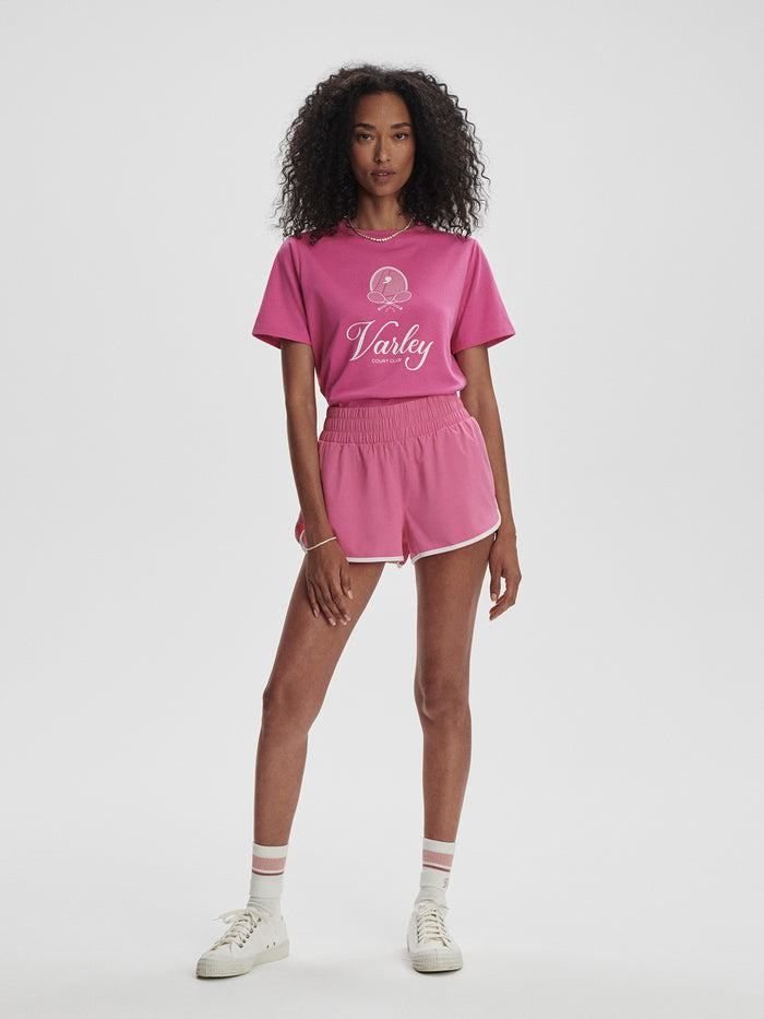 Ibis Rose|Arlington Running Short in Ibis Rose, lightweight athletic shorts with elastic waistband, ideal for running.
