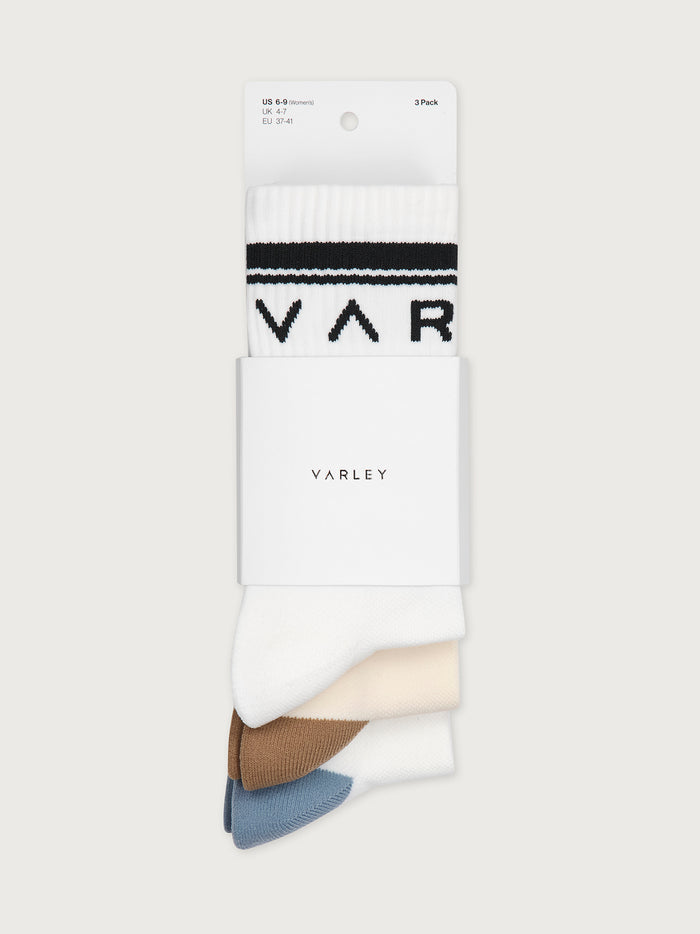 White/ Birch/ White|Front-facing product of the Astley Active Sock 3 Pack in White Birch White, engineered footbed and lightweight mesh-knit for comfort and breathability.