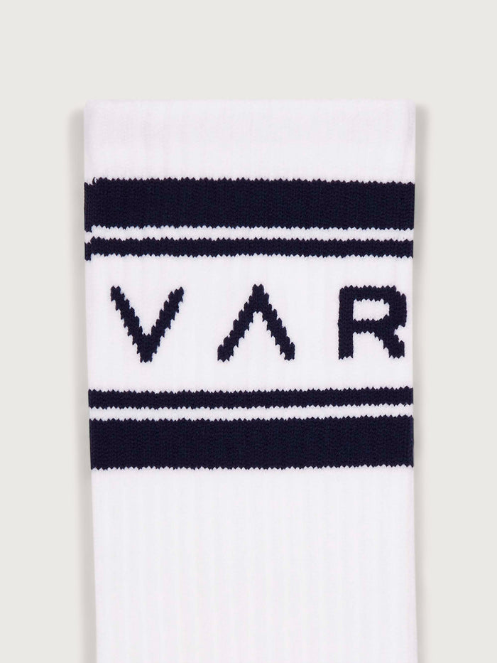 White/ Blue Nights|Astley Active Active Sock in White/Blue Nights, front view of an athletic knit ankle sock with ribbed cuff and reinforced toe.