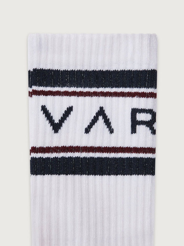 White/ Blue Nights/ Port|Astley Active Sock in White/Blue Nights/Port colorway, front view of an ankle-length athletic sock with a ribbed cuff.