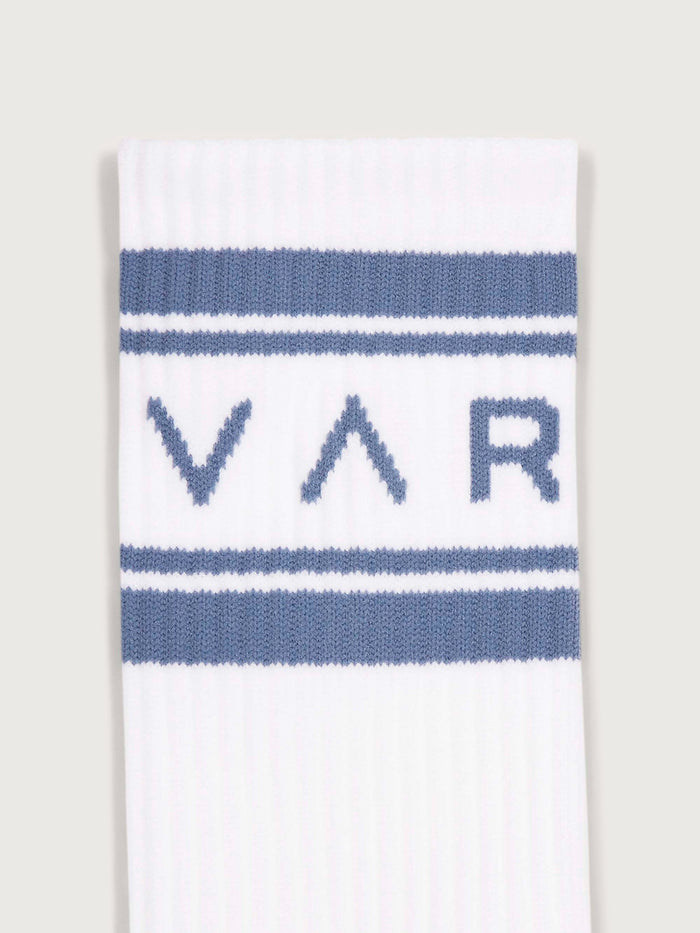 White/ Ash Blue|Astley Active Sock in White Ash Blue colorway, front view of ankle-length athletic sock with ribbed cuff.