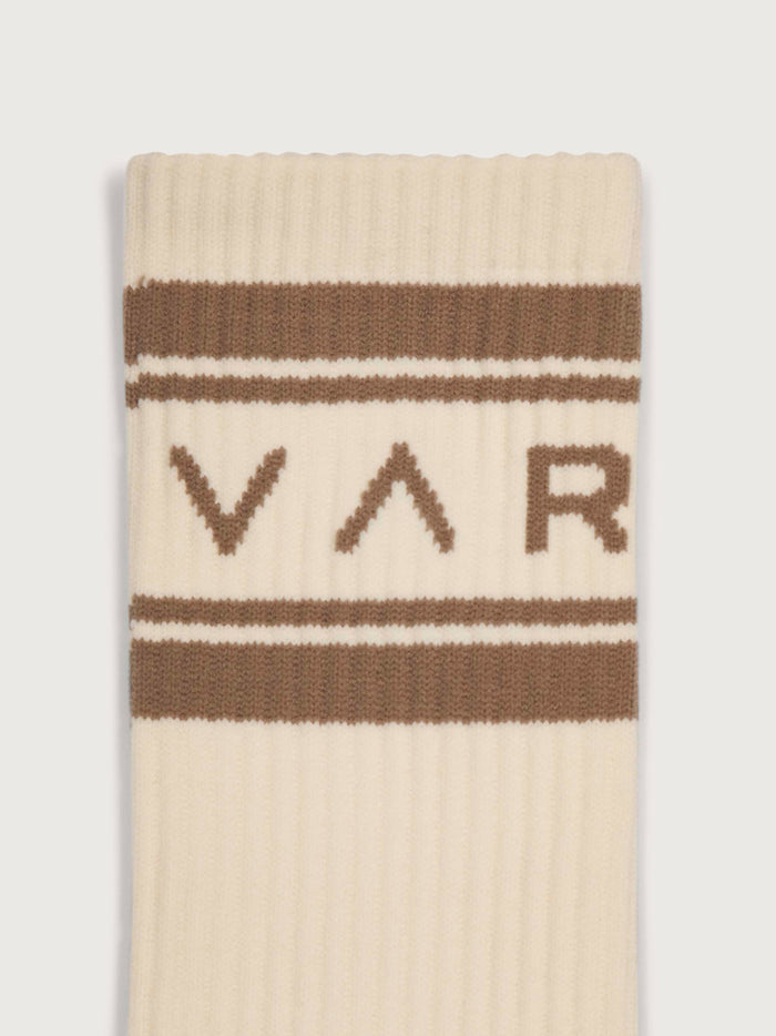 Birch/ Desert Taupe|Astley Active Sock in Birch Desert Taupe, front view showing knit sock with ribbed cuff and athletic fit.