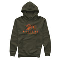 Green army hoodie featuring an orange "FIRST LITE" graphic with mountains, a sun, and an airplane, plus a front kangaroo pocket.
