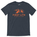 Heathered dark grey t-shirt with an orange graphic of a mountain, sun, airplane, and 'FIRST LITE Go Farther. Stay Longer.' text.