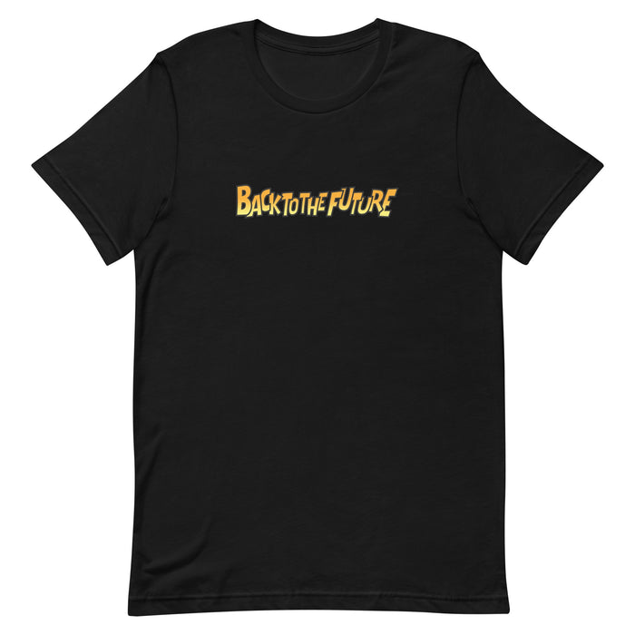 Back of the black Back to the Future anime t-shirt showing plain cotton fabric