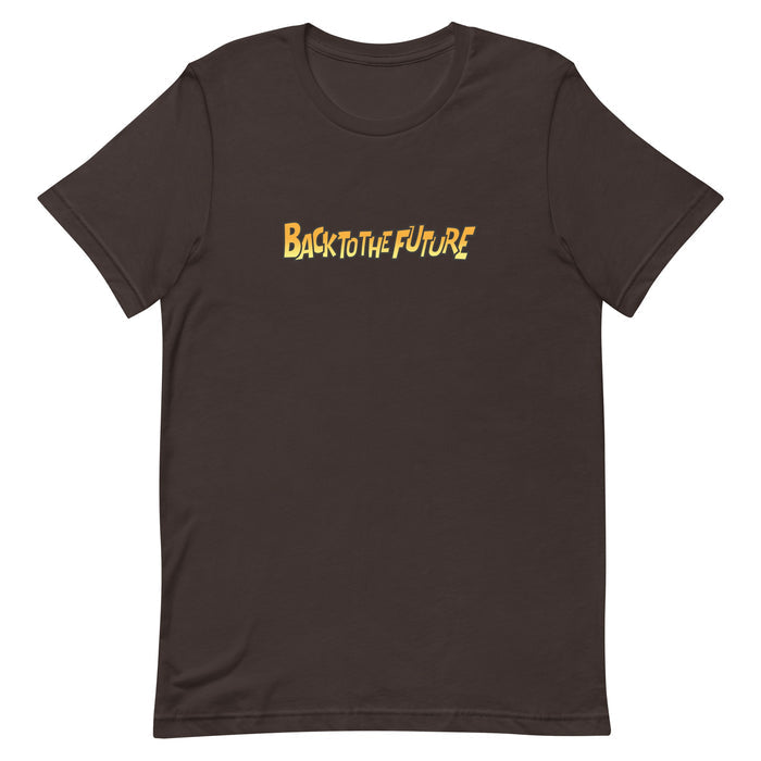 Close-up of the graphic print on the front of the brown t-shirt
