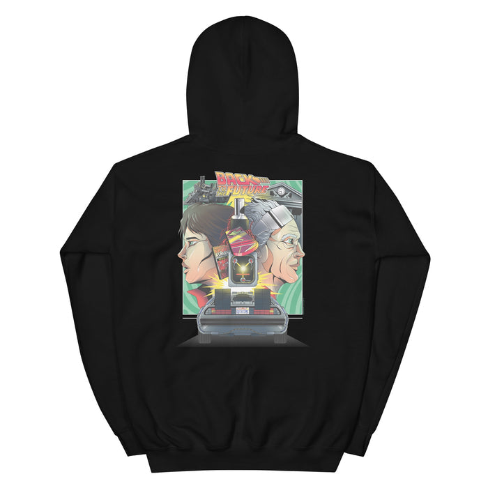Black Back to the Future illustration hoodie front view showing graphic design