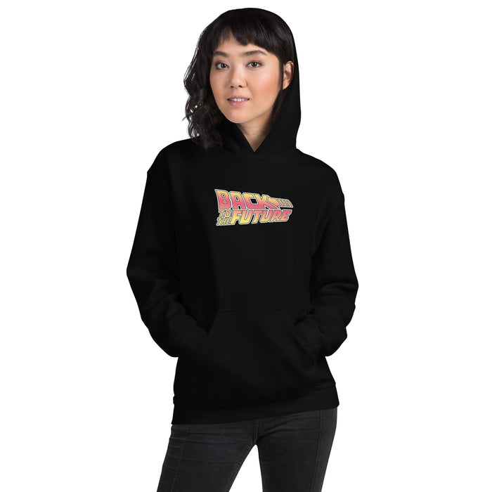 Close-up of the graphic illustration on the black Back to the Future hoodie chest