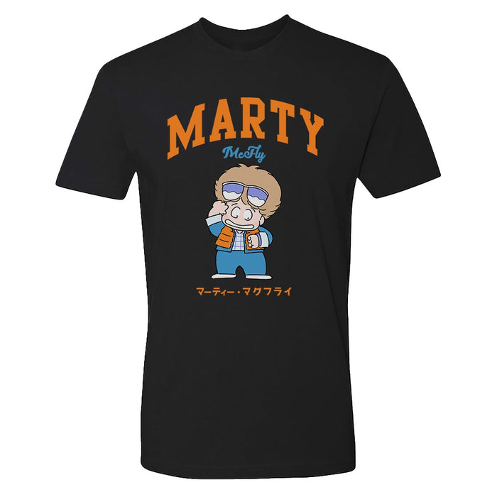 Black Back to the Future Marty McFly t-shirt shown from the front on a neutral background