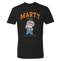 Black Back to the Future Marty McFly t-shirt shown from the front on a neutral background