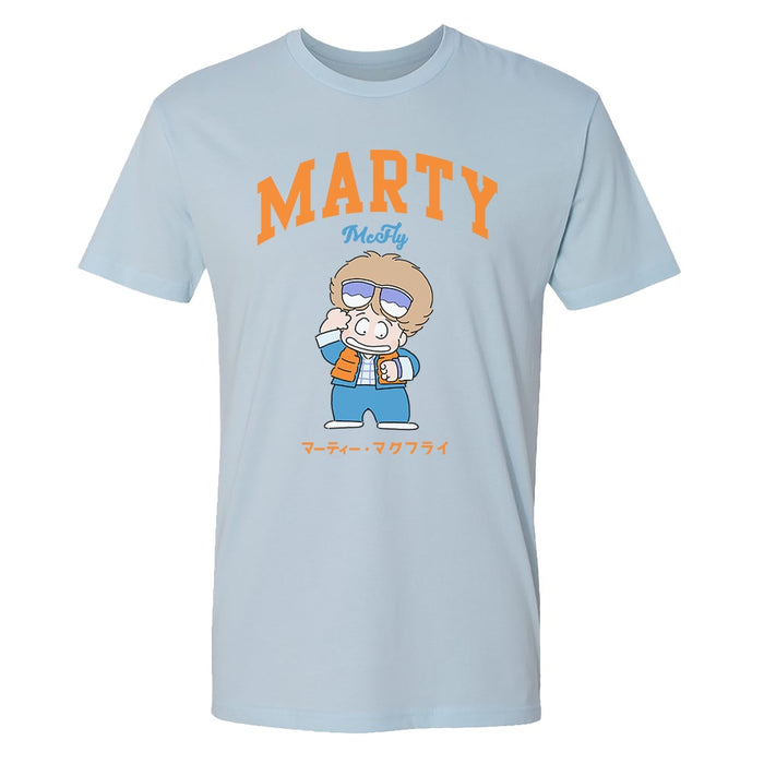 Light blue Back to the Future Marty McFly t-shirt shown from the front
