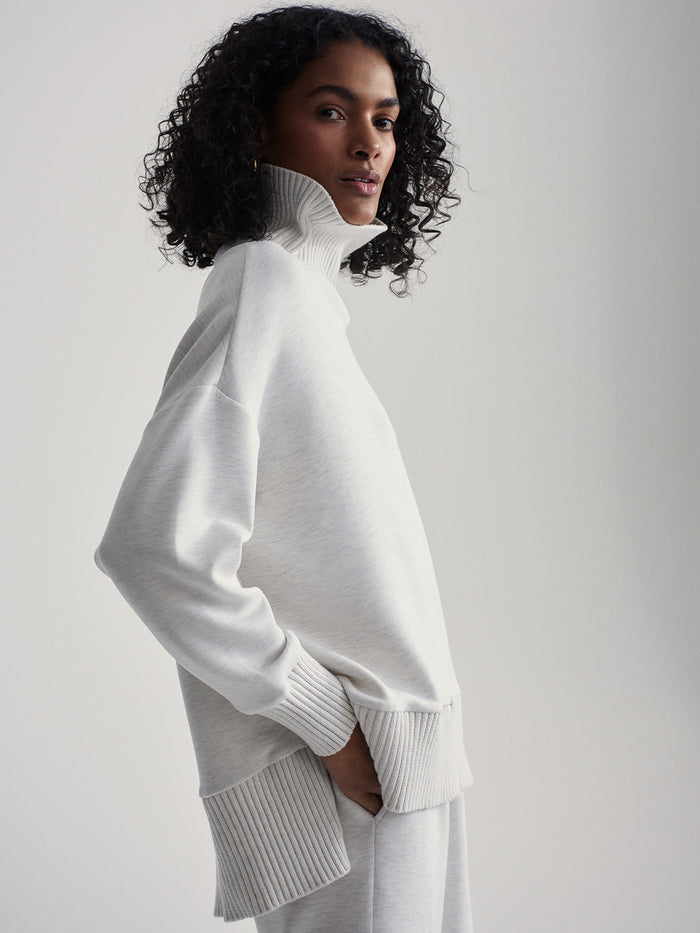 Ivory Marl|Barker High Neck Sweat in Ivory Marl, DoubleSoft® fabric; oversized high-neck sweater with knitted cuffs, neck and hem, deep side splits.