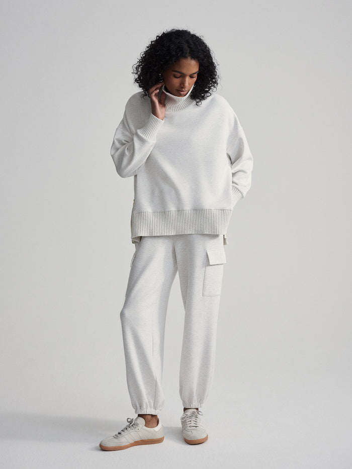 Ivory Marl|Front view of Barker High Neck Sweat in Ivory Marl, a heathered high-neck sweatshirt.