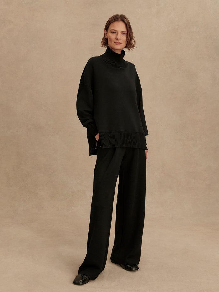 Black|Varley Barker High Neck Sweat in Black, front view of a classic high-neck sweatshirt.