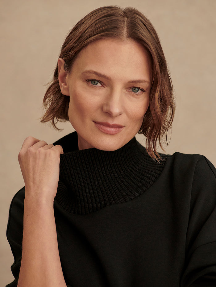Black|Barker High Neck Sweat in Black, pullover sweatshirt with a high collar.