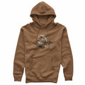 Brown hoodie with a bear skull design on the chest against a white background