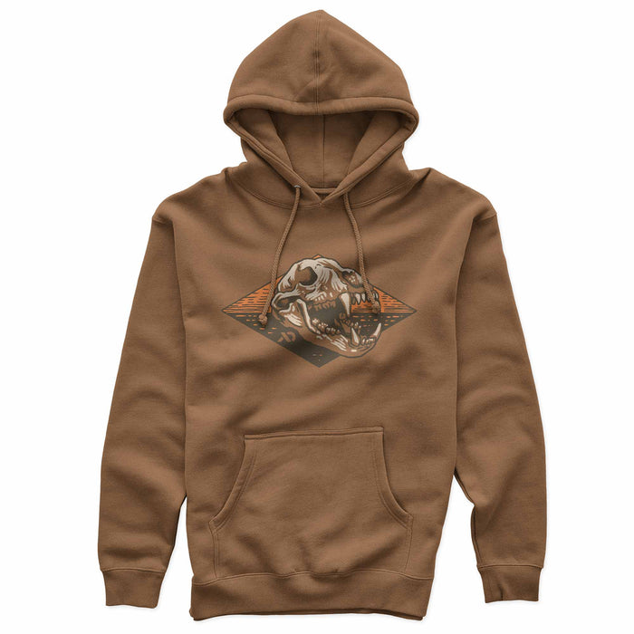Brown hoodie with a bear skull design on the chest against a white background