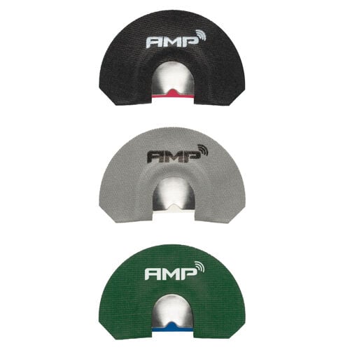 Three AMP diaphragm calls: black with red insert, gray with white insert, and green with blue insert.