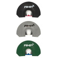 Three AMP diaphragm calls: black with red insert, gray with white insert, and green with blue insert.
