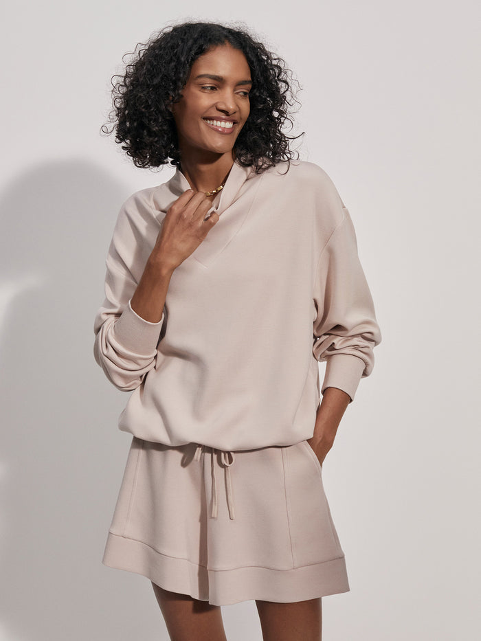 Mushroom|Betsy Sweat in Mushroom, front view showing elegant cowl neck, contemporary panel detailing, and a drawcord hem in soft DoubleSoft® fabric.