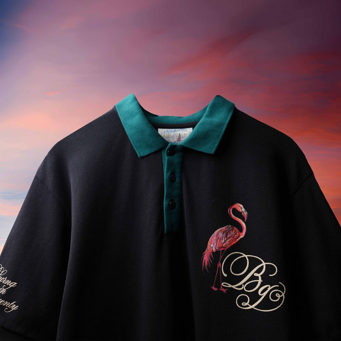 Black Emerald Flamingo Screen Puff Print Polo T-Shirt