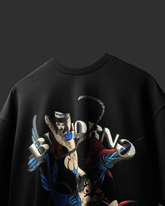 A close-up of a black crewneck T-Shirt