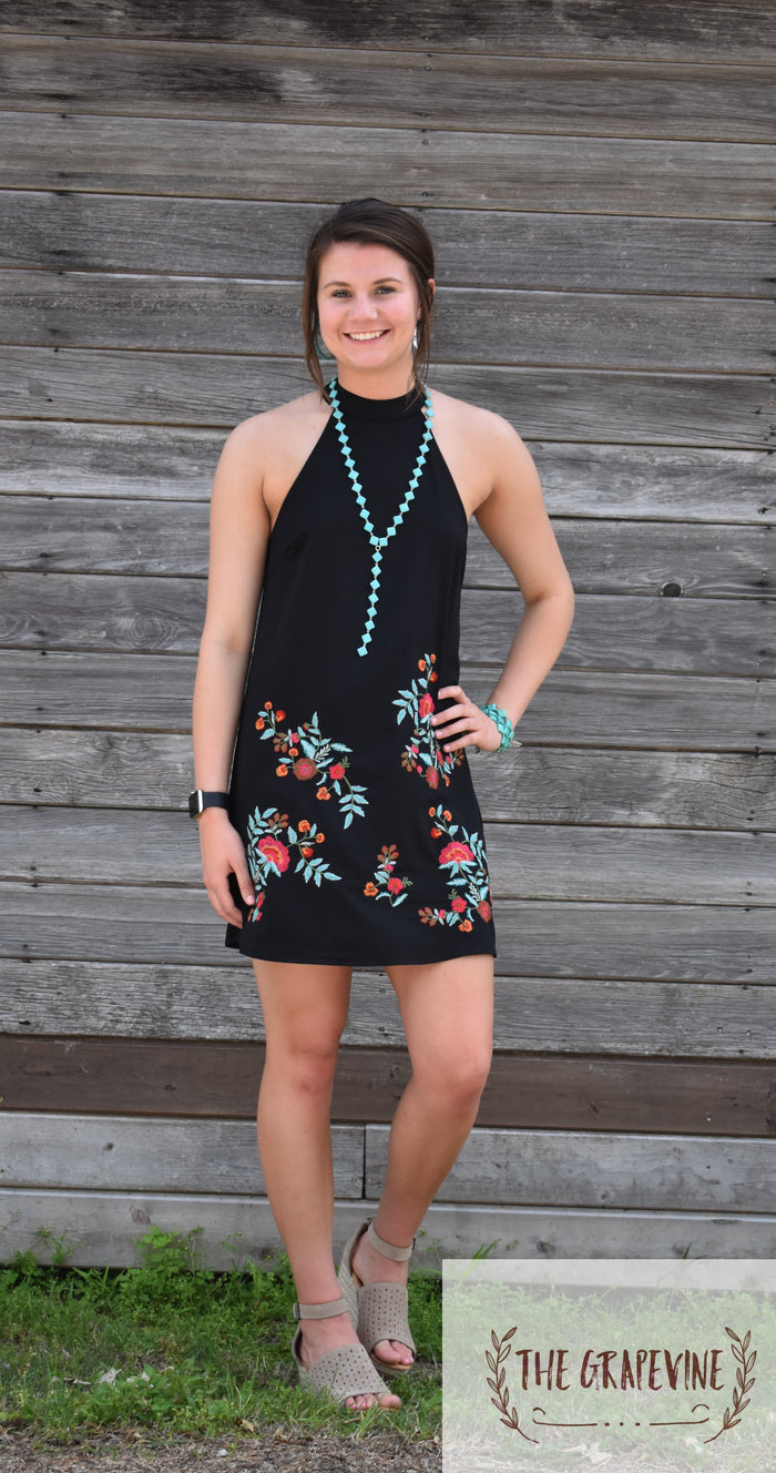 Black High Neck Embroidered Dress