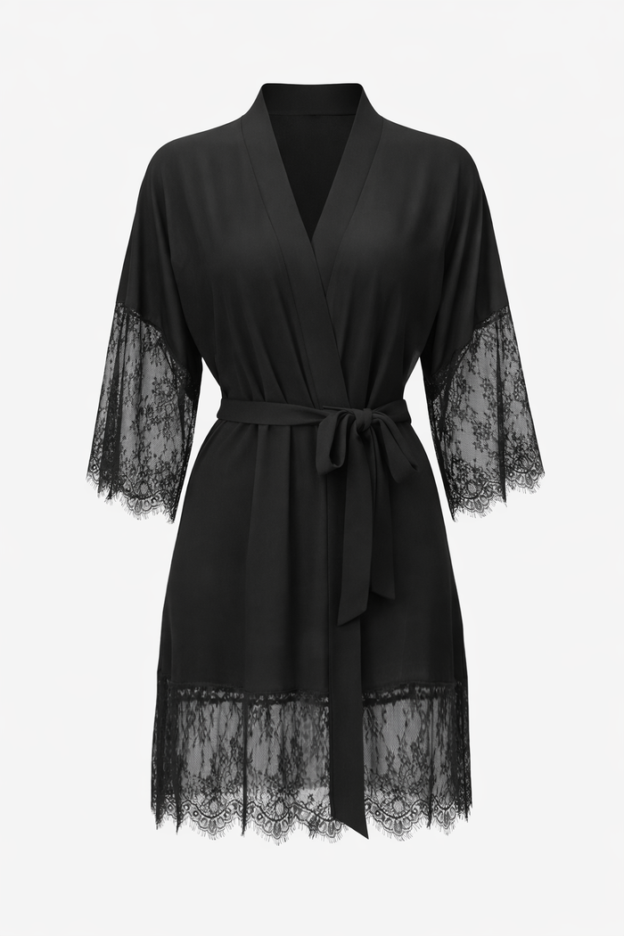 Black Orchid Lace-Trimmed Kimono Robe