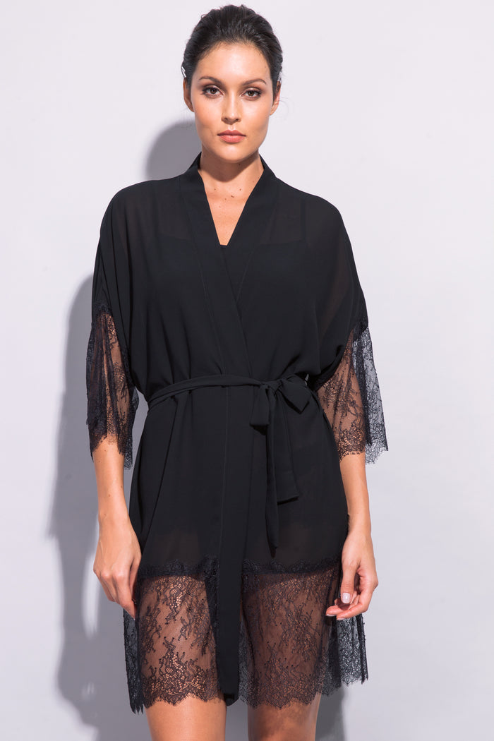 Black Orchid Lace-Trimmed Kimono Robe