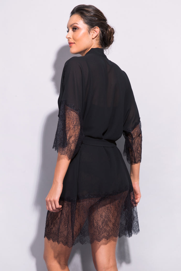 Black Orchid Lace-Trimmed Kimono Robe
