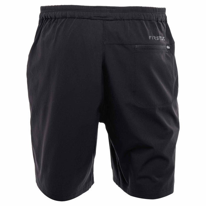 Black shorts with a brand logo on a white background