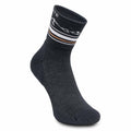 Dark gray sock with white and orange stripes on a white background