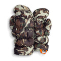 A pair of puffy brown, green, and beige camouflage mittens with an orange loop on the right cuff.