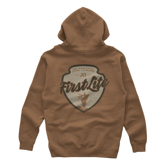 Brown hoodie featuring "First Lite" in the center and "Go Farther Stay Longer" with a deer below