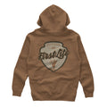 Brown hoodie featuring "First Lite" in the center and "Go Farther Stay Longer" with a deer below
