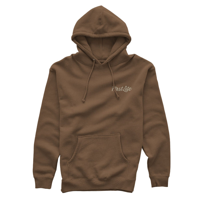 Brown hoody with beige 'First Lite' logo, drawstring hood, and kangaroo pocket.