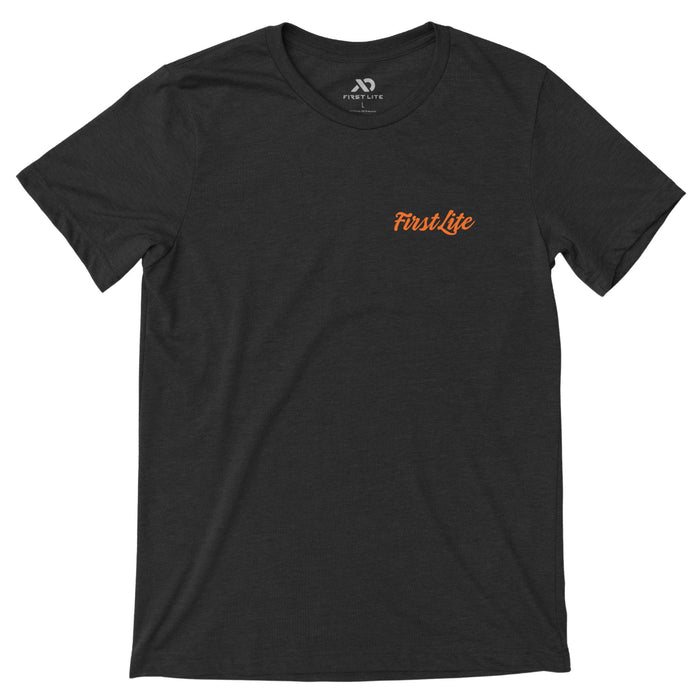 Dark heather gray T-Shirt with orange 'FIRST LITE' on the left chest