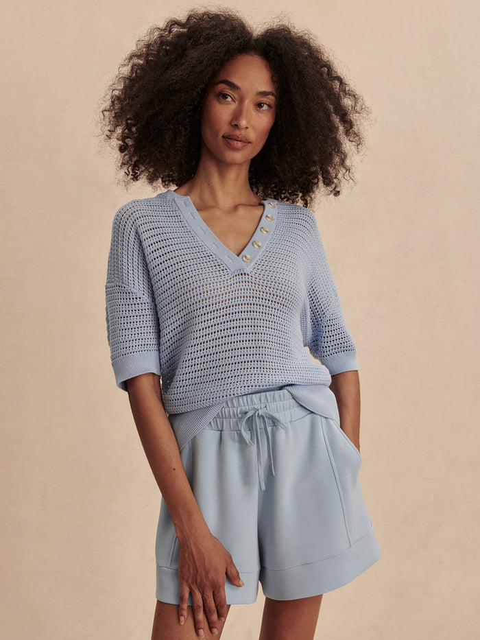 Cashmere Blue|Front-facing Callie Knit Top in Cashmere Blue, a soft knit long-sleeve top with a crew neckline.