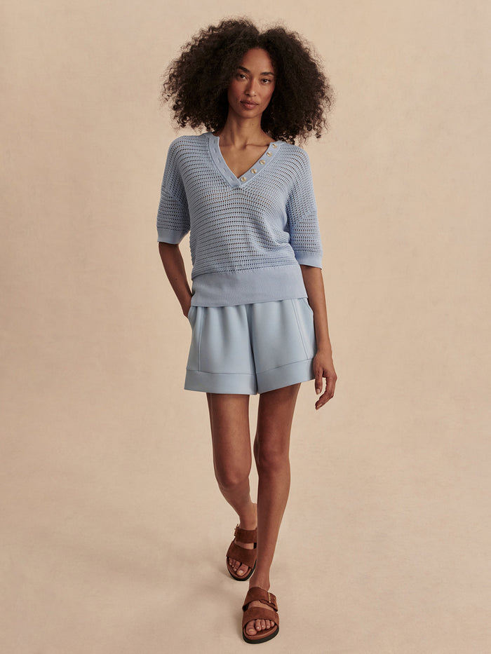 Cashmere Blue|Callie Knit Top in Cashmere Blue, a soft knit crew-neck top crafted from cashmere.