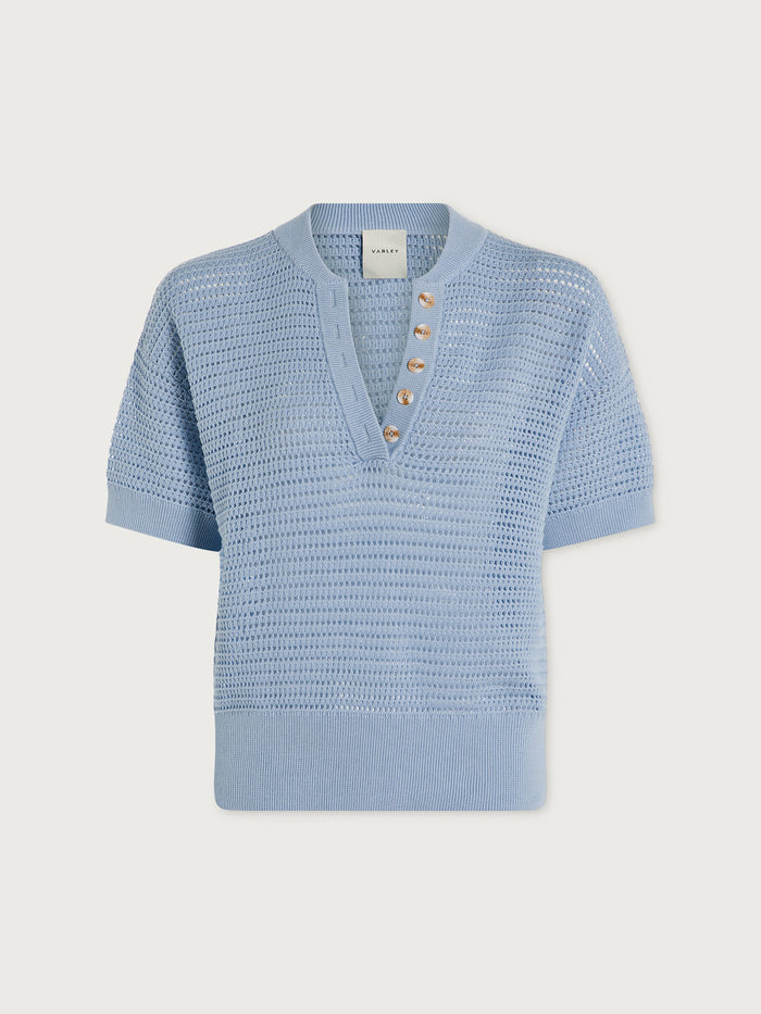 Cashmere Blue|Front view of the Callie Knit Top Cashmere Blue in a soft cashmere knit, showcasing its solid blue color.