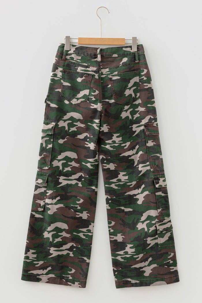Camo Denim Cargo Wide Leg Pants