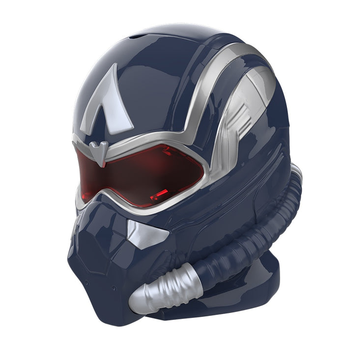 Angle view of the Captain America helmet popcorn bucket glowing with its built-in light feature
