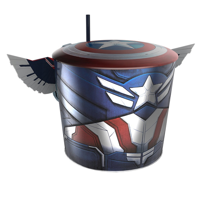 Close-up angle of the detailed metallic red, white, and blue Captain America shield design on the container
